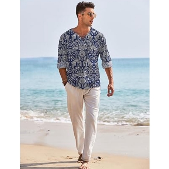Mens Linen Beach T Shirt Cotton V Neck Yoga Long Sleeve Tunic Blue - Picture 5 of 6